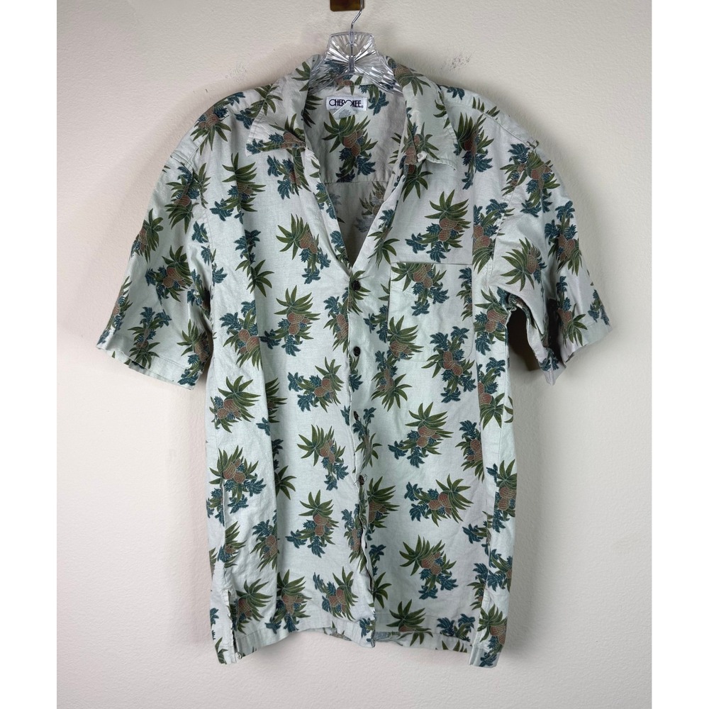 Cherokee Button Down Mens Medium Tropical Pineapple Short Sleeve Shirt Casual
